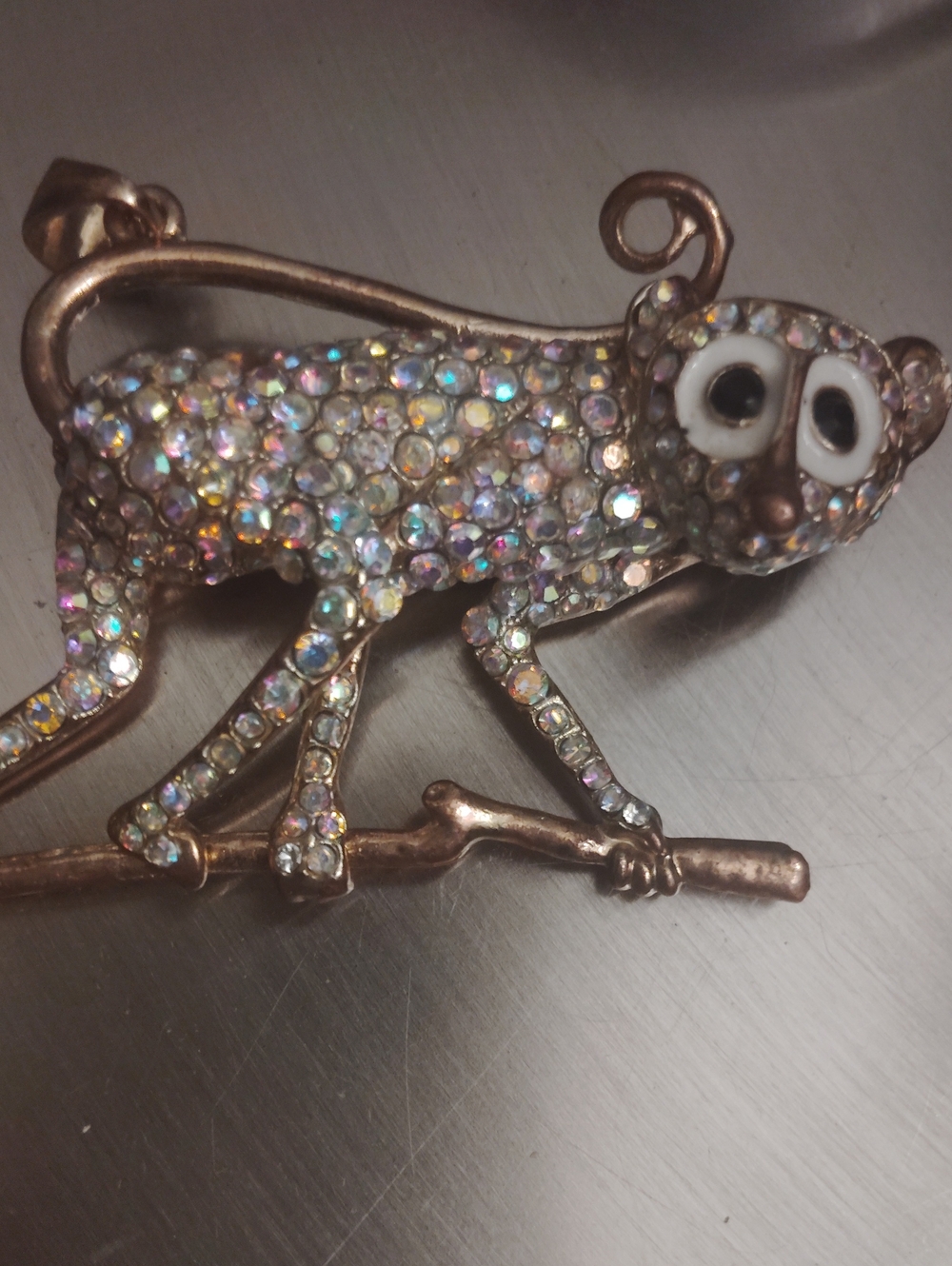 Crystal Encrusted Monkey Brooch - Iridescent Rhinestones